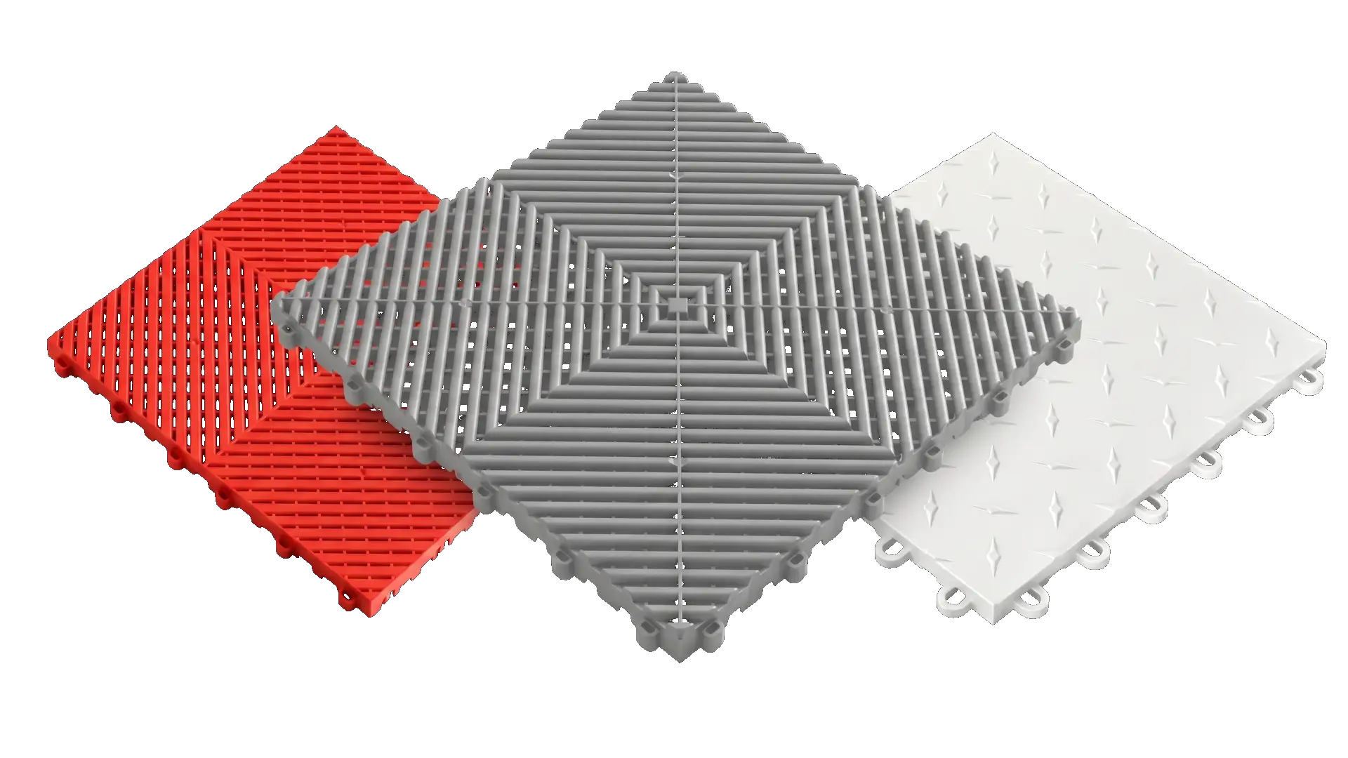 Three interlocking modular garage floor tiles arranged diagonally against a black background. The red and gray tiles feature a perforated, vented ribbed design, while the white tile features a solid diamond-plate pattern.